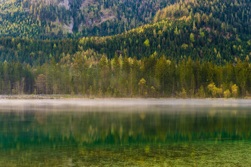 Wald spiegelt sich auf dem See in den Bergen