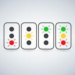 Flash traffic light set or light indicators. traffic lamps, semaphores, green, red, yellow. Vector illustration isolated on modern background.