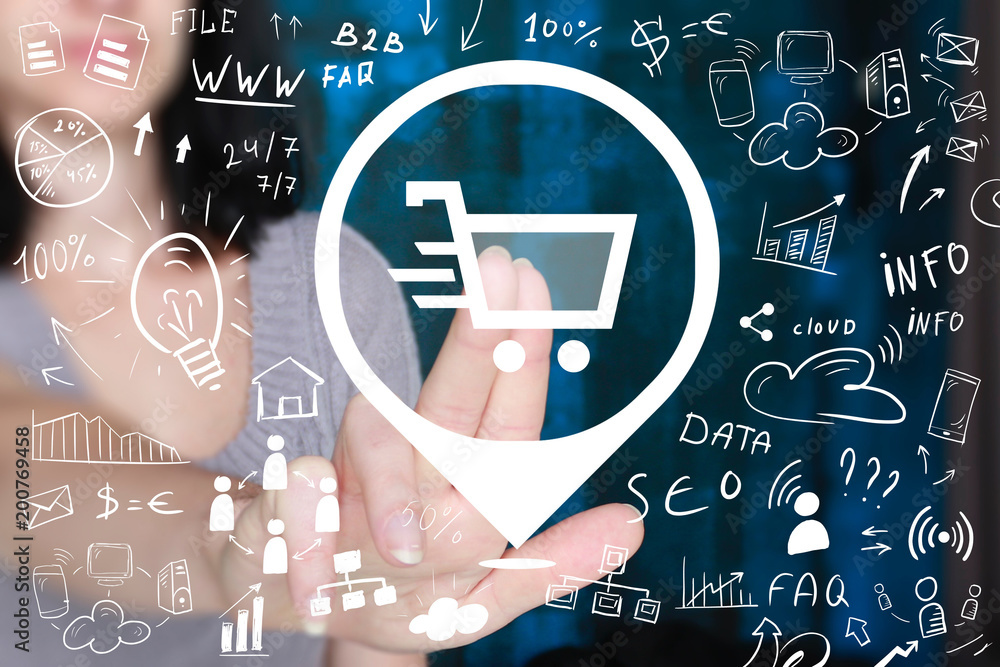 Poster businessman pressing button shopping cart network on virtual digital electronic user interface.