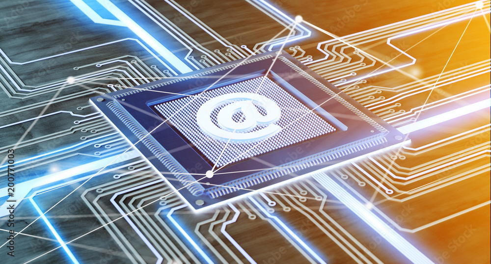 Poster cpu processor chip with a email and network connection on a circuit board - 3d render