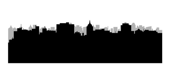 Obraz premium Vector city silhouette. Cityscape background. Illustration of architectural building in panoramic view. Modern city skyline. Big city streets. minimalistic style.