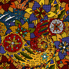 Hand drawn colorful aztec pattern with artistic pattern. Seamless pattern can be used for wallpaper, pattern fills, web page background, surface textures. Bright colors.