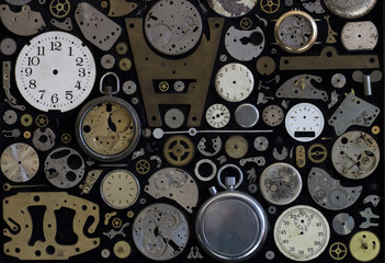 A picture of the spare parts of old watches. The concept of time, eternity