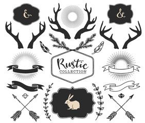 Hand drawn antlers, bursts, arrows, ribbons and frames with lettering. Rustic decorative vector design set. Vintage ink illustration.