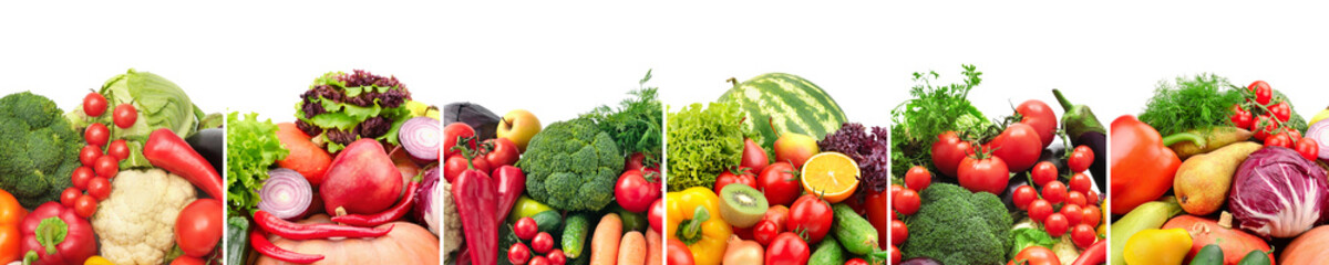 Collage of fruits and vegetables divided by vertical lines on white
