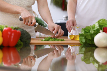 Closeup of human hands cooking in kitchen. Mother and daughter or two female cutting green salad or herbs. Healthy meal, vegetarian food and lifestyle concepts