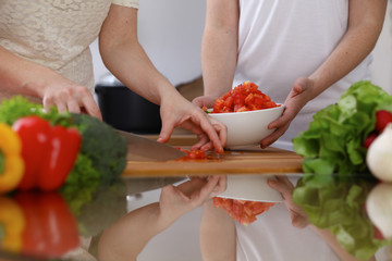 Closeup of human hands cooking in kitchen. Mother and daughter or two female cutting tomato for salad. Healthy meal, vegetarian food and lifestyle concepts