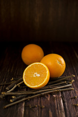 Orange slices on a wooden table