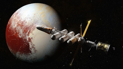 spaceship in orbit of dwarf planet Pluto - obrazy, fototapety, plakaty