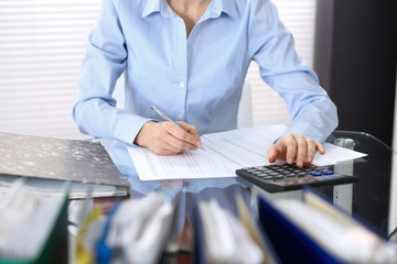 Female bookkeeper or financial inspector  making report, calculating or checking balance. Internal...