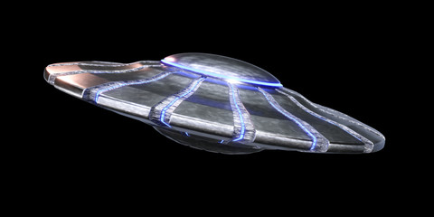 UFO, alien spaceship, extraterrestrials with flying saucer (3d science fiction space render isolated on black background) © dottedyeti