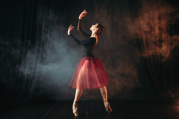 Ballet dancer in red dress dancing on the stage