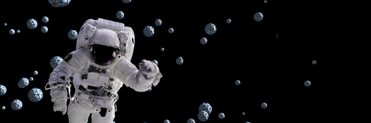 astronaut flying between abstract geometric objects with black background 