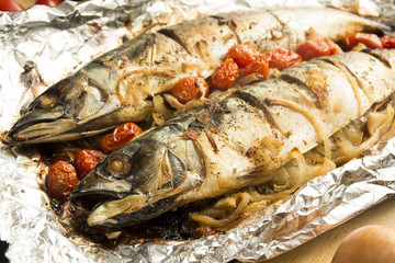 Grilled mackerel fish and vegetables 