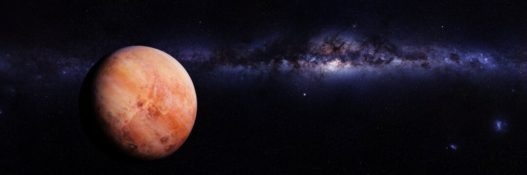 alien planet, habitable exoplanet with cloudy atmosphere in front of the Milky Way
