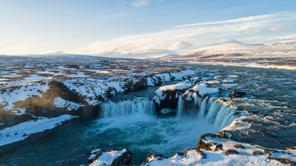The Godafoss is a waterfall in Iceland. Aerial view and top view.