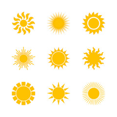 Yellow sun icon set isolated on white background. Modern simple flat sunlight, sign. Trendy vector summer symbol for website design, mobile app. Stock illustration
