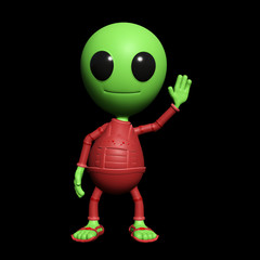 cute little alien cartoon character is waving his hand (3d illustration, isolated on black background)