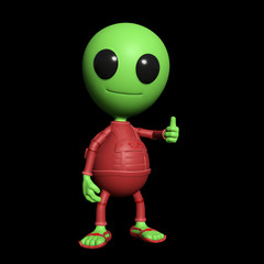 cute little alien cartoon character with thumbs up (3d illustration, green man isolated on black background)