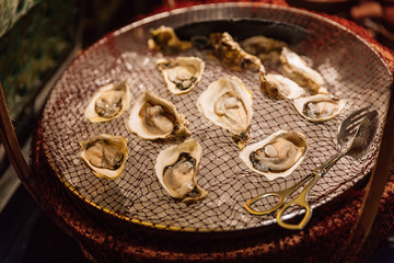 Fresh oysters place on the net with ice below from buffet line of the hotel at Hanoi, Vietnam.