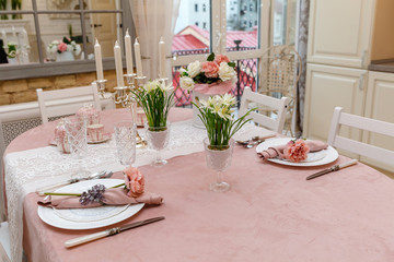 dining table in the kitchen in pink