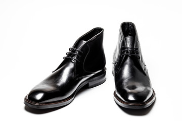 Black leather male shoes, white background