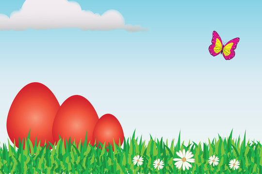 red Easter eggs vector on green grass, daisy flowers, butterfly and blue sky background