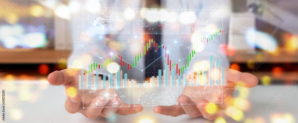 Aufkleber Businessman using 3D rendering stock exchange datas and charts