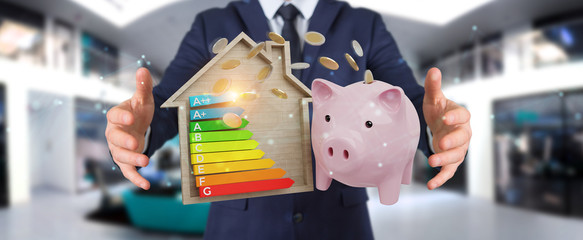 Businessman saving money with good energy chart rating 3D rendering