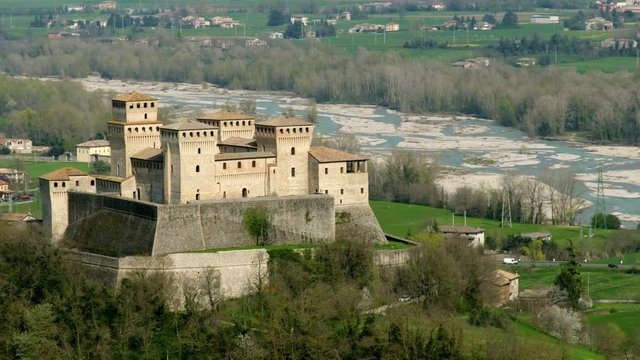 Parma Italy Torrechiara castle aerial view of Castello di Torrechiara in Emilia Romagna panorama Italian Castles