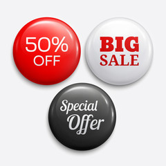 Set of glossy sale buttons or badges. Product promotions. Discount tag collection. Big sale, 50% off, special offer. Vector.