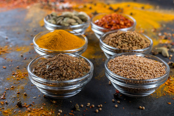 Set of colorful spices   on a dark  background.  Close up