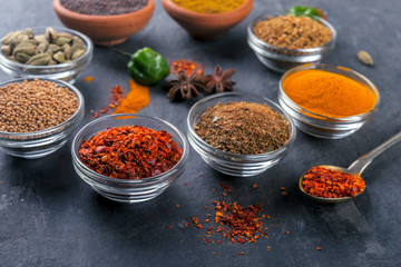 Set of colorful spices   on a dark  background.