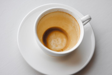 Empty used coffee cup on saucer covered with multiple stains on white background. Top view with copyspace for your text