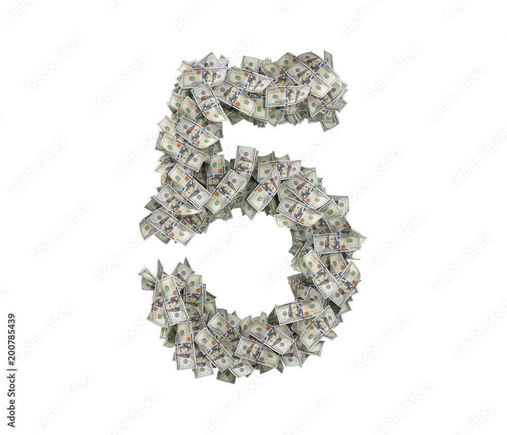 Poster 3d rendering of a large number 5 made of countless 100 dollar bills on a white background.
