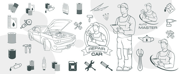 Set of different car repair elements. Auto service logo. Сar repair shop. Auto workshop. Car mechanic. Auto master.