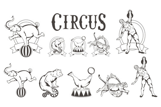 Set of different Circus elements. Carnival poster. Vintage circus show. Different circus animals.
