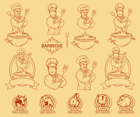Set of different elements of barbecue and chef. BBQ Grill. Сooking meat on fire. Barbecue Party. Bbq logo.