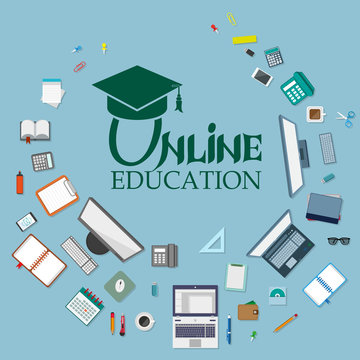Set of different web elements. Online education. Concept icons for web and mobile services. Education, online learning. Online training courses.