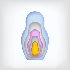 Nesting dolls inserted into each other are made in paper style. Colored nesting dolls on isolated white background.