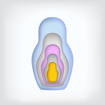 Nesting dolls inserted into each other are made in paper style. Colored nesting dolls on isolated white background.