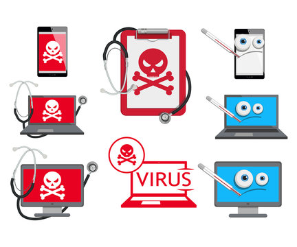 Set of different Cyber virus logo. Сomputer virus. Virus destroying computer. Skull on the screen. Vector virus character.