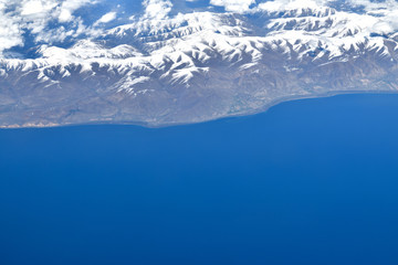 View from height of Lake Sevan and Caucasus Mountains