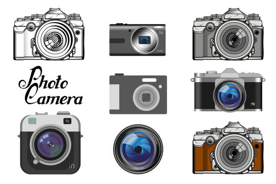 Set of different camera icon. Retro Camera logo. Vintage Photocamera. Photo camera isolated on white background.