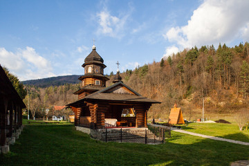 Fototapeta na wymiar Ancient wooden church of Holy Prophet Elijah ( Ilinskaya) , village Dora, near Yaremche - cultural monument, Ukraine. Carpathians.