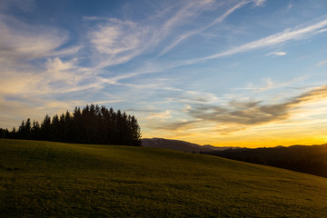 Germany, Amazing winter sunset sky in remote black forest nature landscape