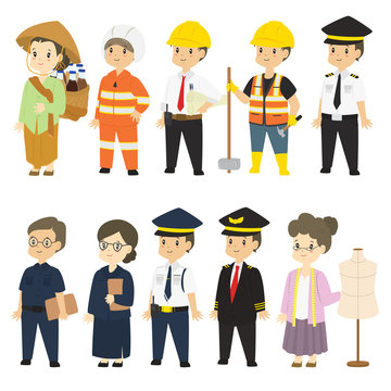 Set of different professions characters cartoon vector in flat style :  herbal medicine seller, firefighter, architect, builder, train driver, teacher, security guard, pilot, tailor