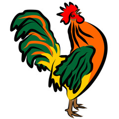 Colorful vector illustration of the crowing cock. Cartoon character rooster with his head up