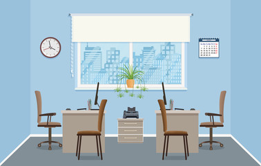 Office interior design with two workplaces without people. Office room with furniture and window.