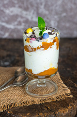 White chocolate ice cream and caramel dessert garnished with chocolate eggs and fresh mint